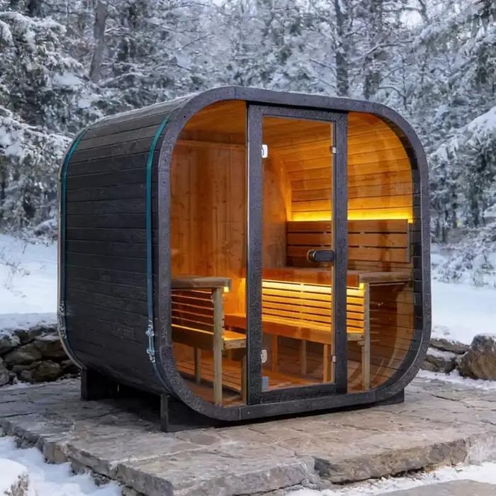 Sauna extérieur en bois massif d'épicéa carbonisé, 4 à 6 personnes, électrique, vapeur humide écolog