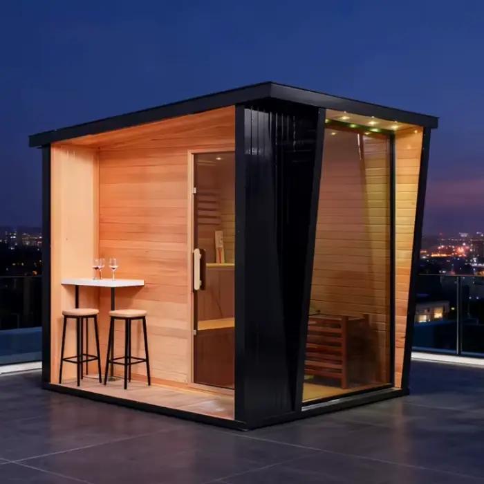 Sauna infrarouge personnalisé en bois de pruche traditionnel pour 4 personnes, avec thérapie au sel,
