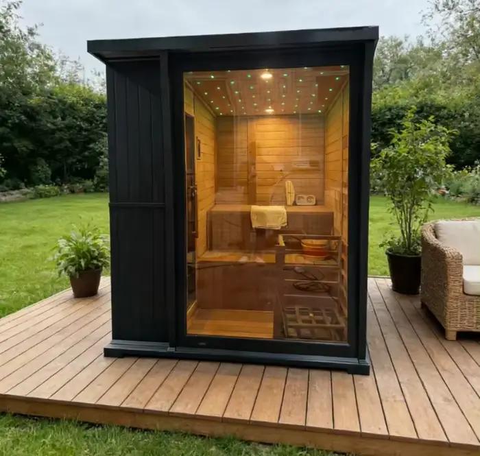 Nouveau sauna extérieur carré noir de luxe haut de gamme, cabine de bien-être pour jardin avec chauf