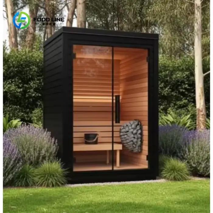Sauna à vapeur traditionnel extérieur noir personnalisé avec configuration luxueuse pour la détoxifi