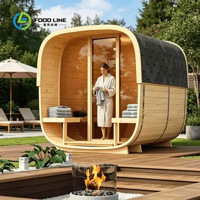 Sauna extérieur personnalisé avec coins arrondis, porte en verre trempé, finition en bois de cèdre, 