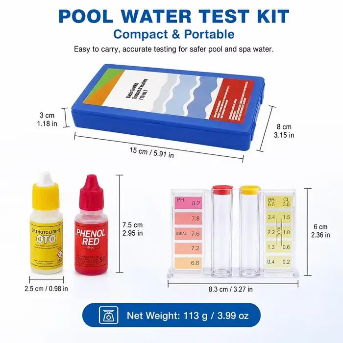 Kit de test pour l'entretien des piscines, testeur de qualité de l'eau, marquages de couleur intégrés, solution de test de pH au rouge phénolique