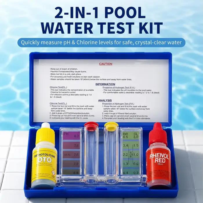 Kit de test pour l'entretien des piscines, testeur de qualité de l'eau, marquages de couleur intégrés, solution de test de pH au rouge phénolique