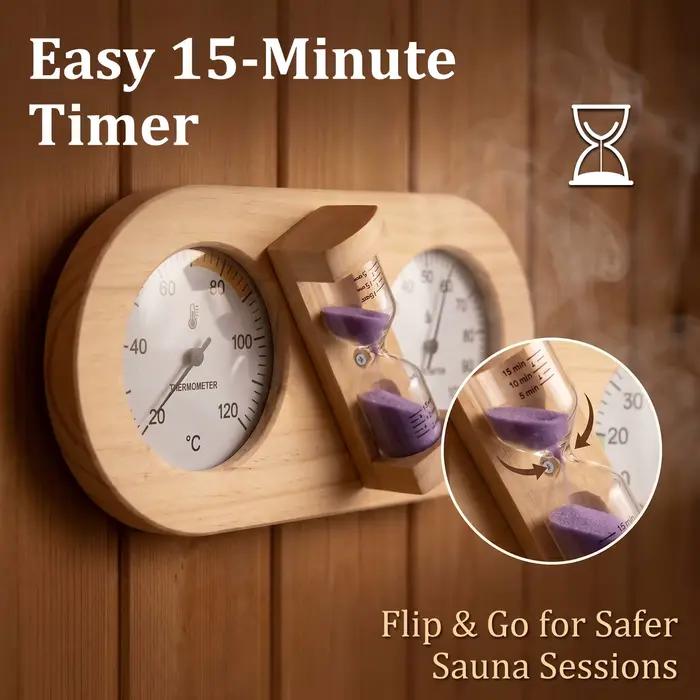 Thermomètre et hygromètre 2 en 1 pour sauna avec minuteur en forme de sablier de 15 minutes