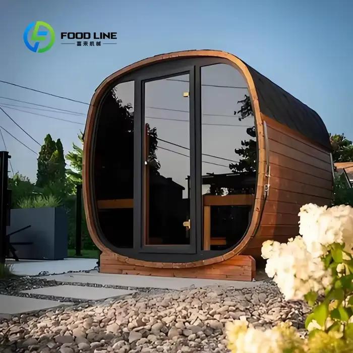 Sauna extérieur en forme de cube avec toit noir et finition en bois pour jardin et spa. Achat en gros : remise et