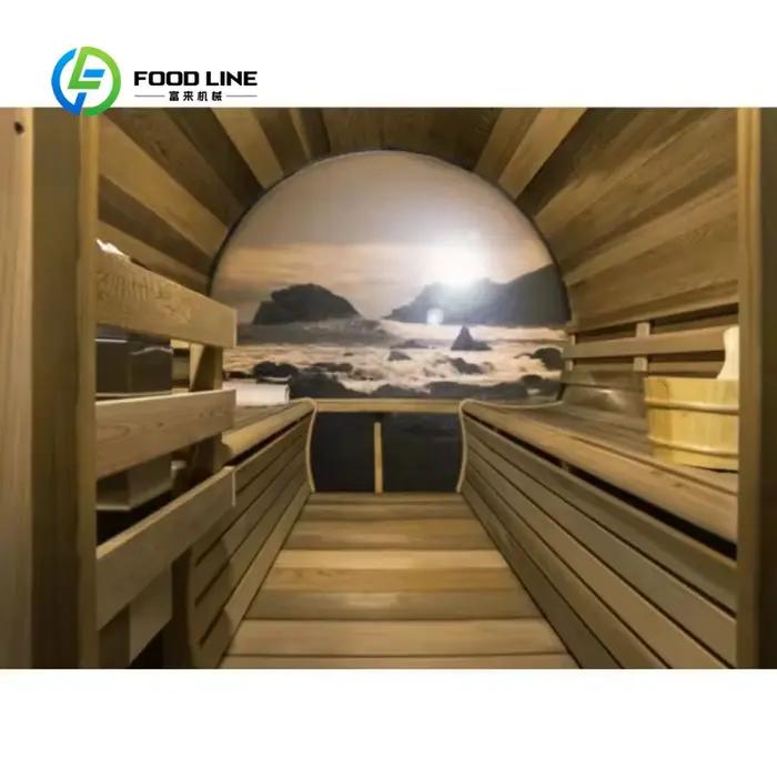 Sauna extérieur à vapeur en forme de baril avec toit noir et grande fenêtre en verre pour usage extérieur domestique modern style hemlock bois détente relaxation convivialité occasions familiales aménagement jardin santé bien-être