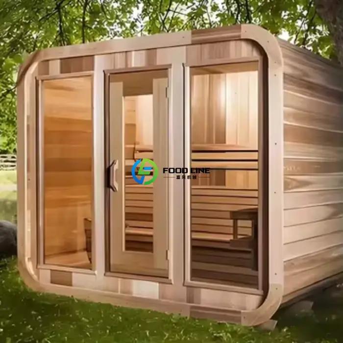 Cabine de sauna extérieure de luxe pour 2 à 6 personnes, fonction vapeur sèche et humide, poêle à bois sur mesure, sauna de jardin.